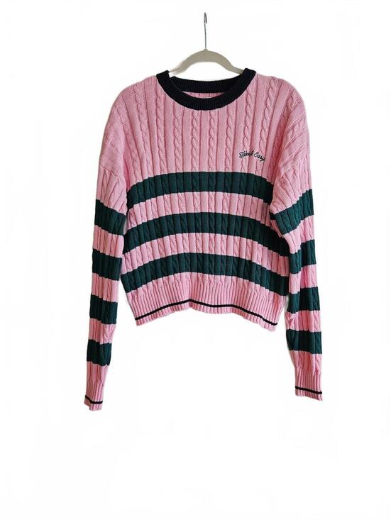 all in motion Sweaters - All In Motion Pink and Green Striped Cropped Cable Knit Pullover Sweater-Medium